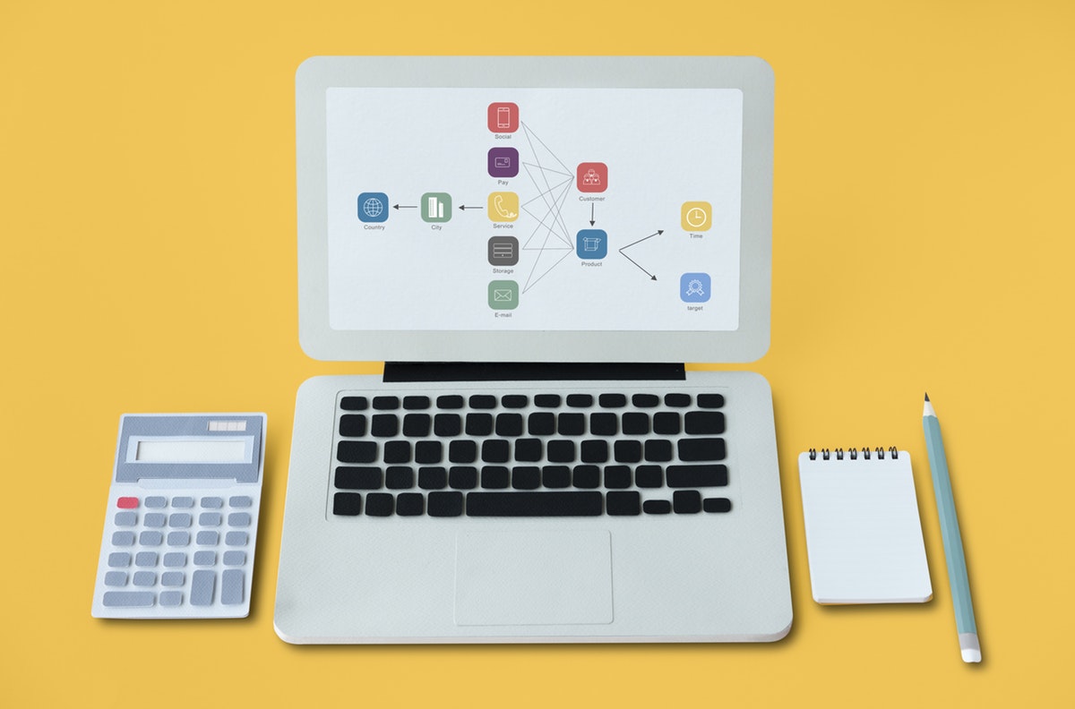 laptop calc notepad desk